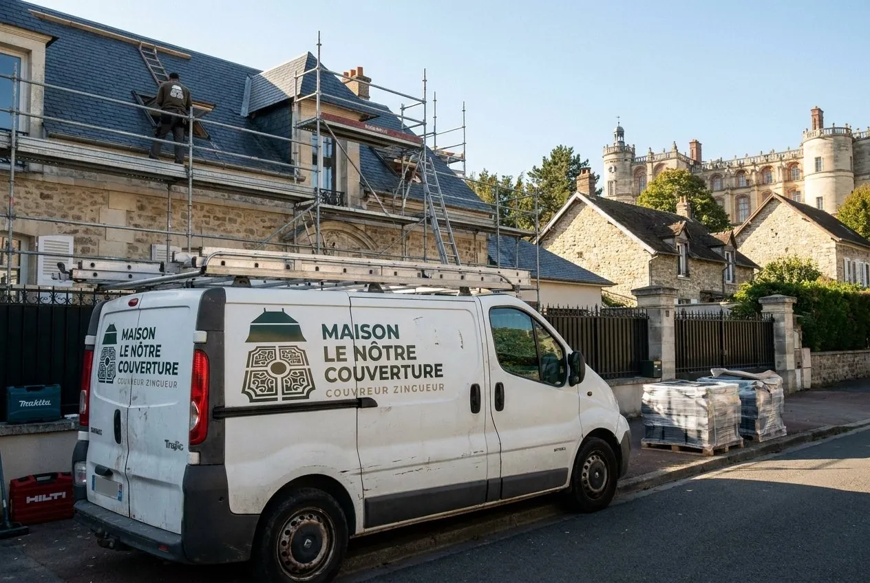 Camionnette de Maison Le Nôtre Couverture devant un chantier d'ardoise à Saint-Germain-en-Laye