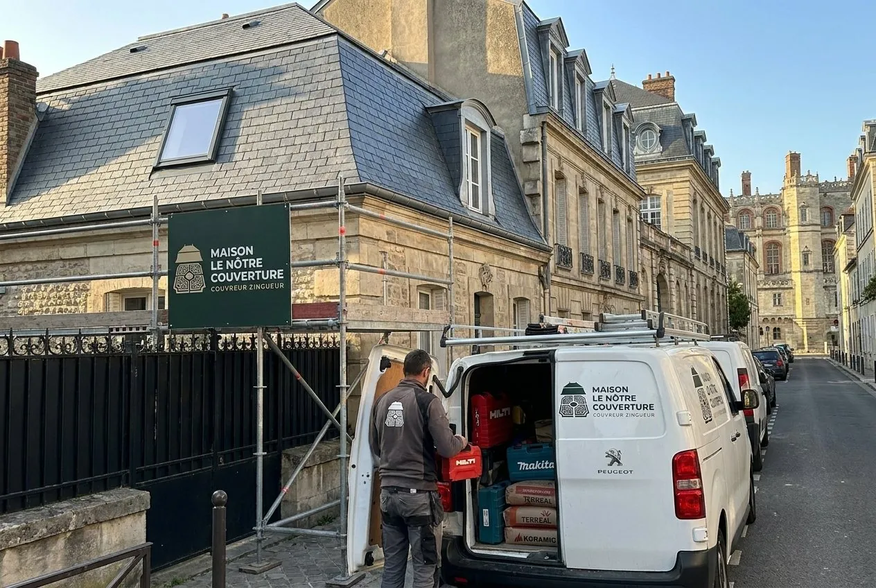 Échafaudage et panneau de chantier Maison Le Nôtre Couverture devant une maison en pierre à Saint-Germain-en-Laye