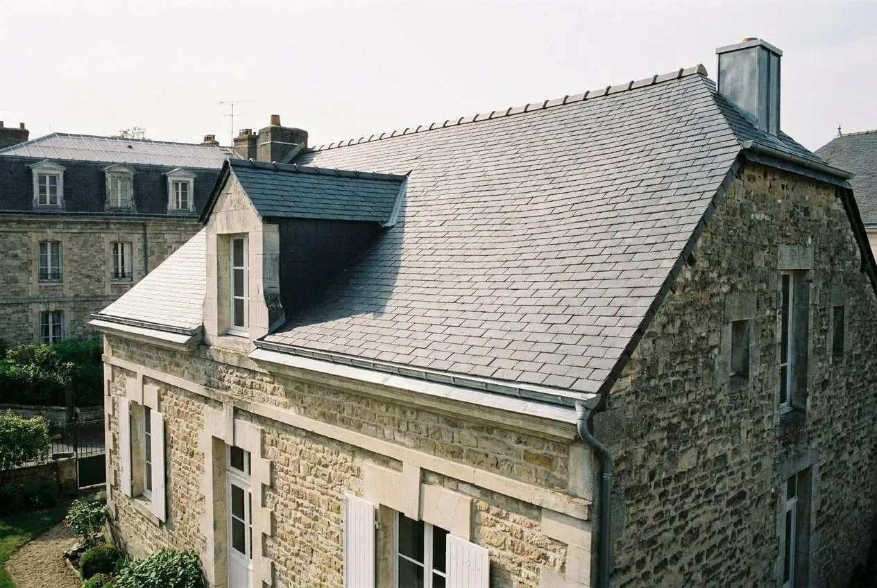 Après : toiture en ardoise naturelle refaite avec lucarne, maison en pierre à Saint-Germain-en-Laye